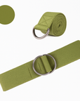 Cintura yoga Fitnexfly in tessuto verde militare con doppia fibbia in metallo, mostrata arrotolata e distesa su sfondo bianco con bollino colore.