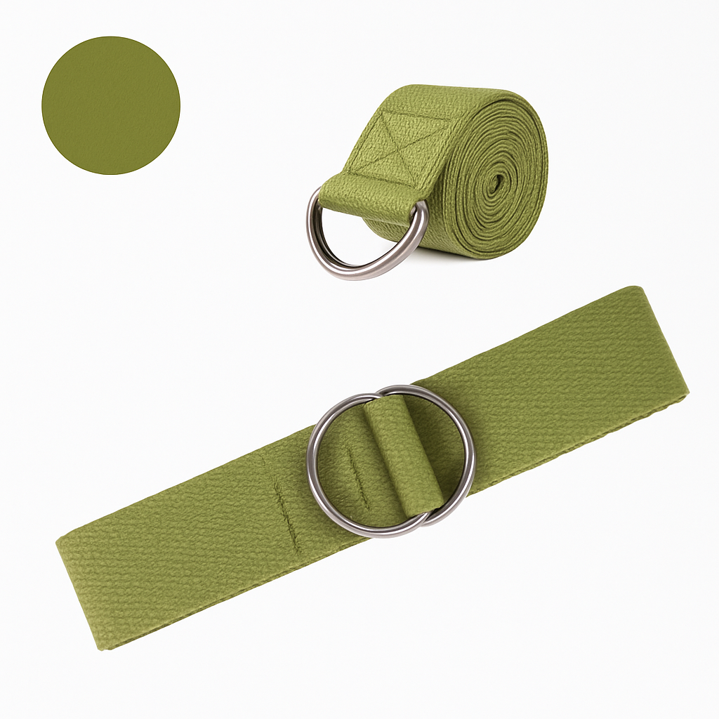 Cintura yoga Fitnexfly in tessuto verde militare con doppia fibbia in metallo, mostrata arrotolata e distesa su sfondo bianco con bollino colore.