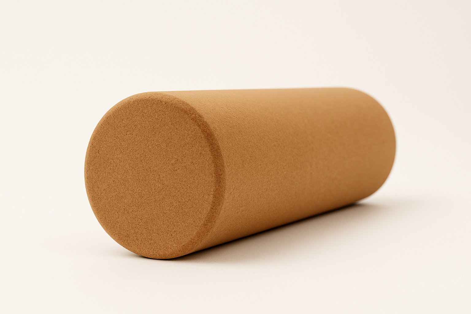 Rullo singolo in sughero Fitnexfly posizionato orizzontalmente su sfondo bianco, ideale per massaggi decontratturanti e rilascio miofasciale durante lo yoga e il pilates.