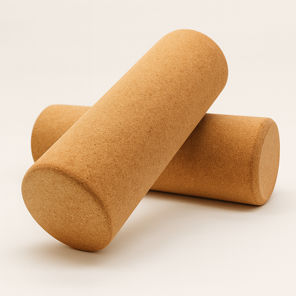 Due foam roller in sughero naturale Fitnexfly incrociati su sfondo bianco, accessori ideali per stretching, yoga e rilascio muscolare.