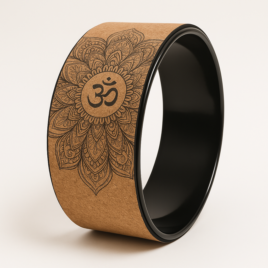 Ruota yoga Fitnexfly in sughero con elegante interno nero, decorata con mandala inciso e simbolo Om, accessorio robusto e confortevole per yoga e pilates.
