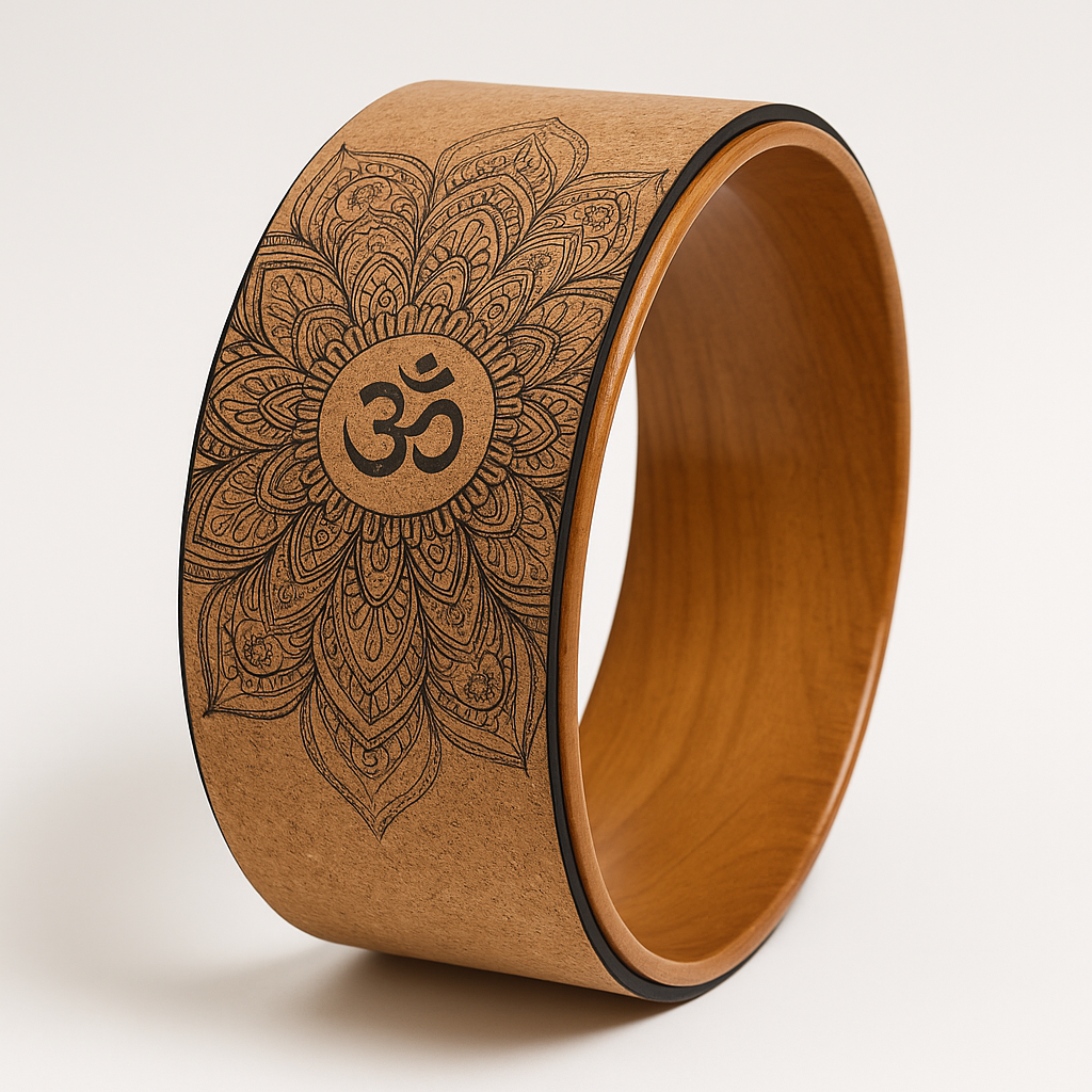 Ruota yoga Fitnexfly in sughero naturale con mandala inciso e simbolo Om, ideale per migliorare equilibrio, flessibilità e supporto durante le posizioni yoga.
